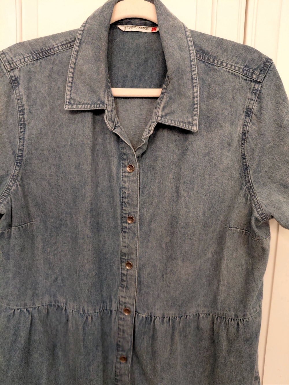 Denim Tiered Short-Sleeve Dress - Light Blue - Picture 5 of 10